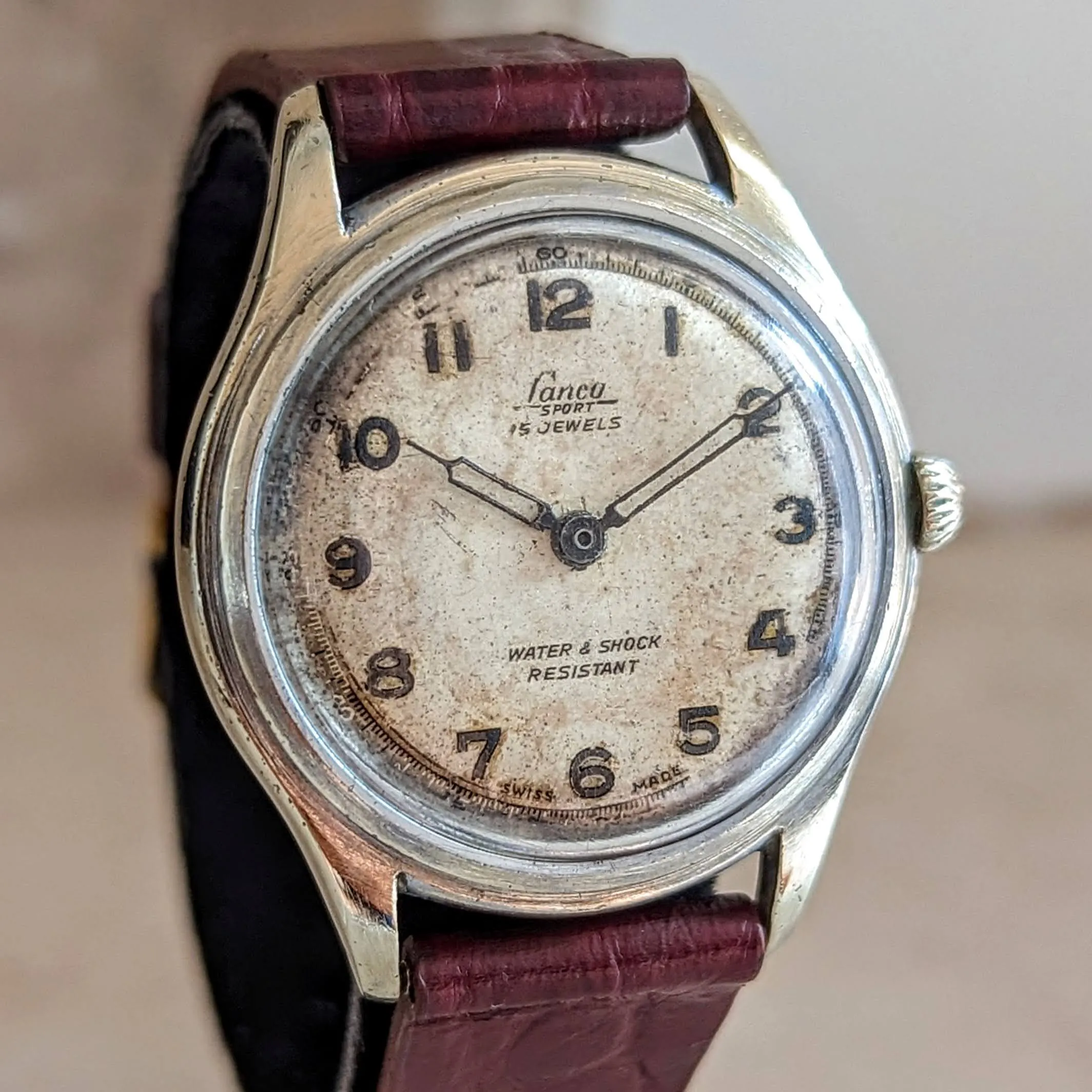 1950's LANCO Sport Watch 15 Rubis Cal. 1064 Water & Shock Resistant Military Style Wristwatch