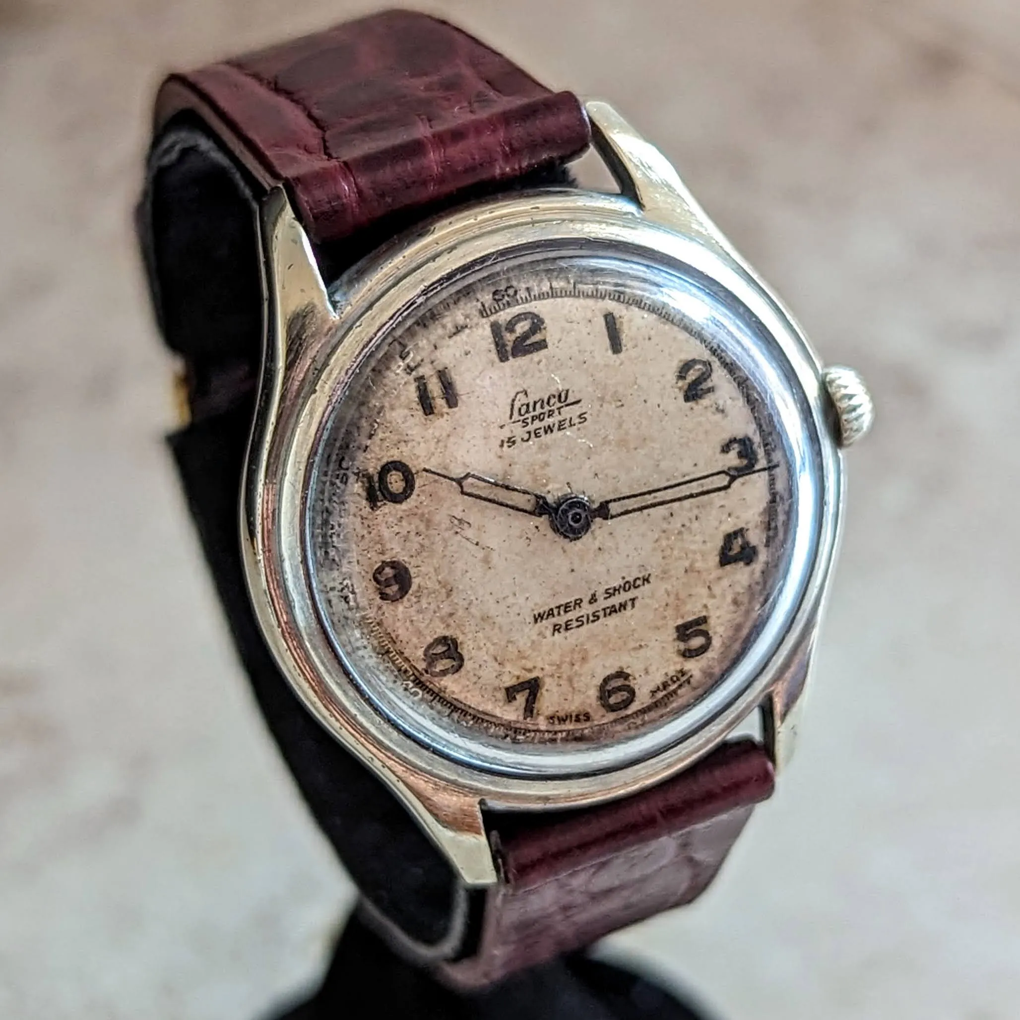 1950's LANCO Sport Watch 15 Rubis Cal. 1064 Water & Shock Resistant Military Style Wristwatch