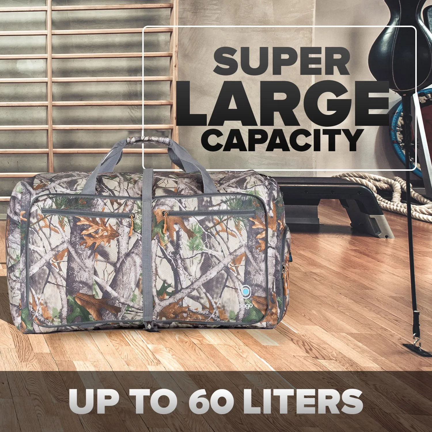 Bago Foldable Duffel Bags for Traveling Women & Men - 60L Medium Packable Duffle Bag for Travel with Shoe Compartment - Water Repellant, Heavy Duty, Lightweight Folding & Collapsible