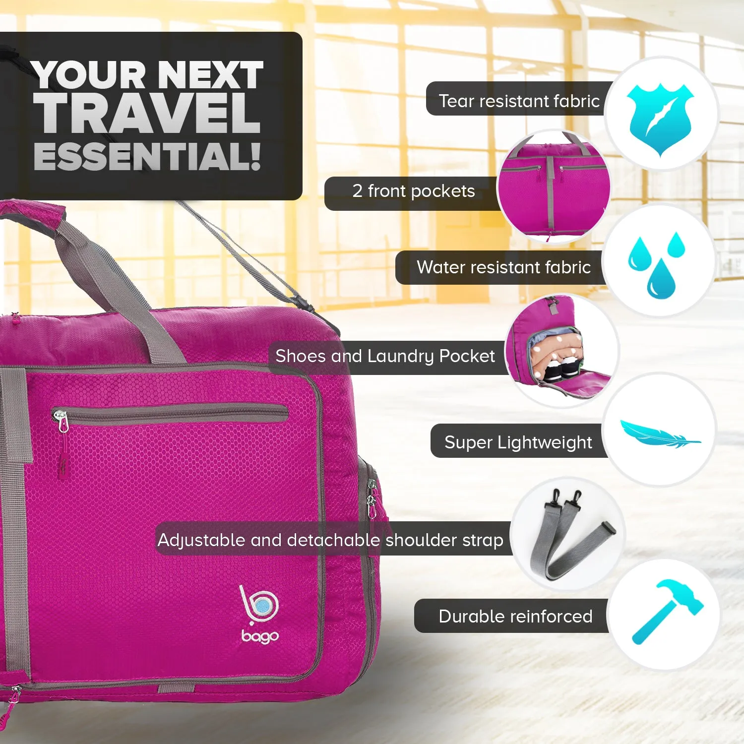 Bago Foldable Duffel Bags for Traveling Women & Men - 60L Medium Packable Duffle Bag for Travel with Shoe Compartment - Water Repellant, Heavy Duty, Lightweight Folding & Collapsible
