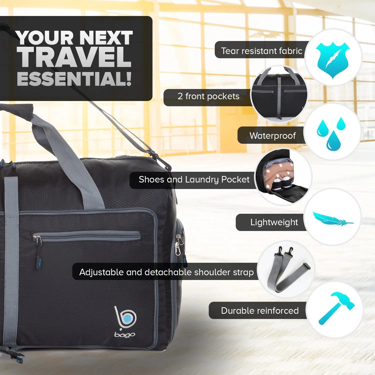 Bago Foldable Duffel Bags for Traveling Women & Men - 60L Medium Packable Duffle Bag for Travel with Shoe Compartment - Water Repellant, Heavy Duty, Lightweight Folding & Collapsible