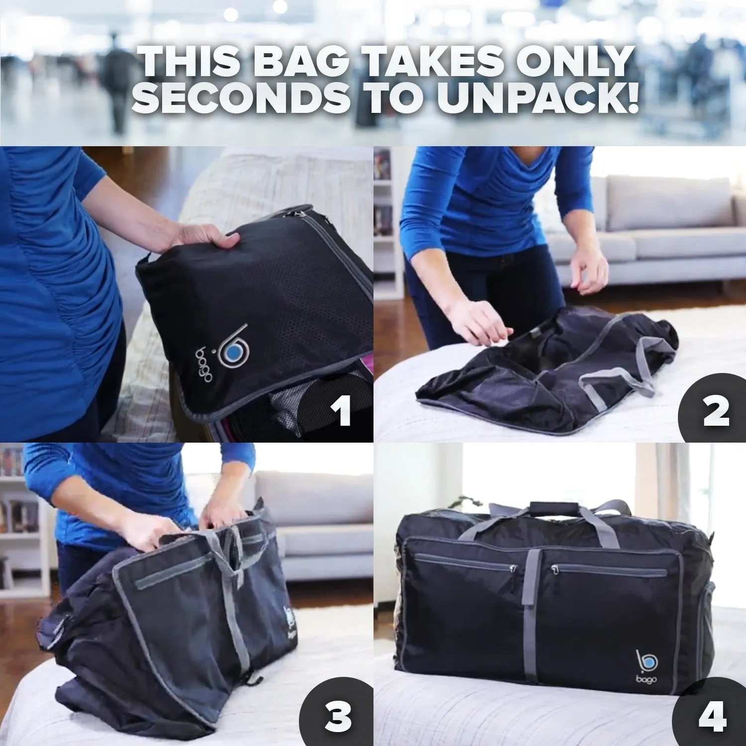 Bago Foldable Duffel Bags for Traveling Women & Men - 60L Medium Packable Duffle Bag for Travel with Shoe Compartment - Water Repellant, Heavy Duty, Lightweight Folding & Collapsible