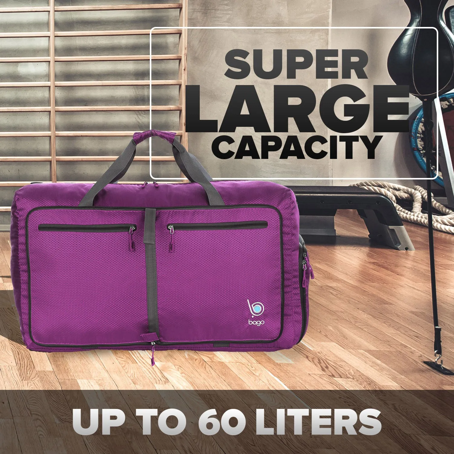 Bago Foldable Duffel Bags for Traveling Women & Men - 60L Medium Packable Duffle Bag for Travel with Shoe Compartment - Water Repellant, Heavy Duty, Lightweight Folding & Collapsible