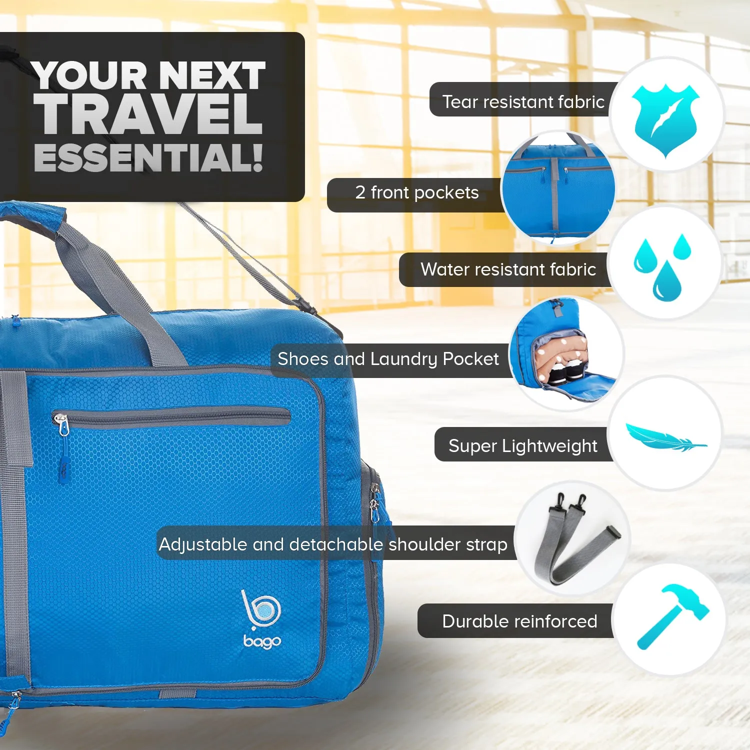Bago Foldable Duffel Bags for Traveling Women & Men - 60L Medium Packable Duffle Bag for Travel with Shoe Compartment - Water Repellant, Heavy Duty, Lightweight Folding & Collapsible