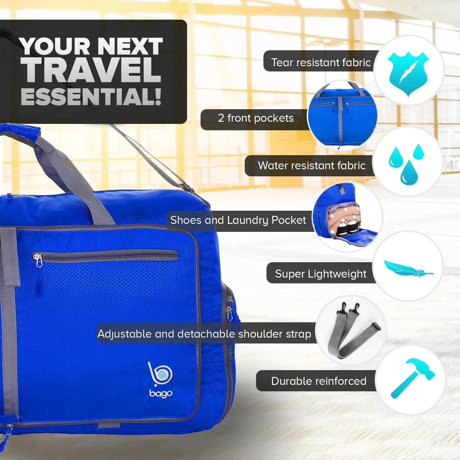 Bago Foldable Duffel Bags for Traveling Women & Men - 60L Medium Packable Duffle Bag for Travel with Shoe Compartment - Water Repellant, Heavy Duty, Lightweight Folding & Collapsible