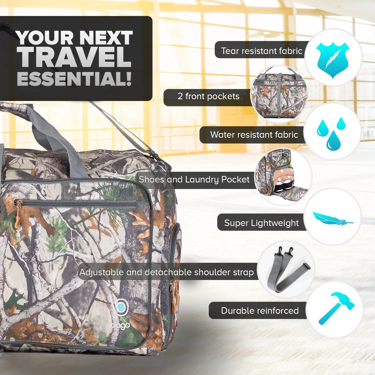 Bago Foldable Duffel Bags for Traveling Women & Men - 60L Medium Packable Duffle Bag for Travel with Shoe Compartment - Water Repellant, Heavy Duty, Lightweight Folding & Collapsible