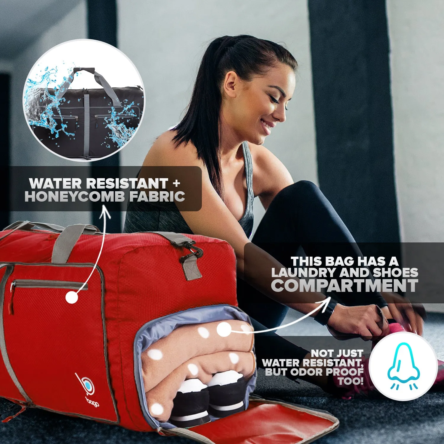 Bago Foldable Duffel Bags for Traveling Women & Men - 60L Medium Packable Duffle Bag for Travel with Shoe Compartment - Water Repellant, Heavy Duty, Lightweight Folding & Collapsible