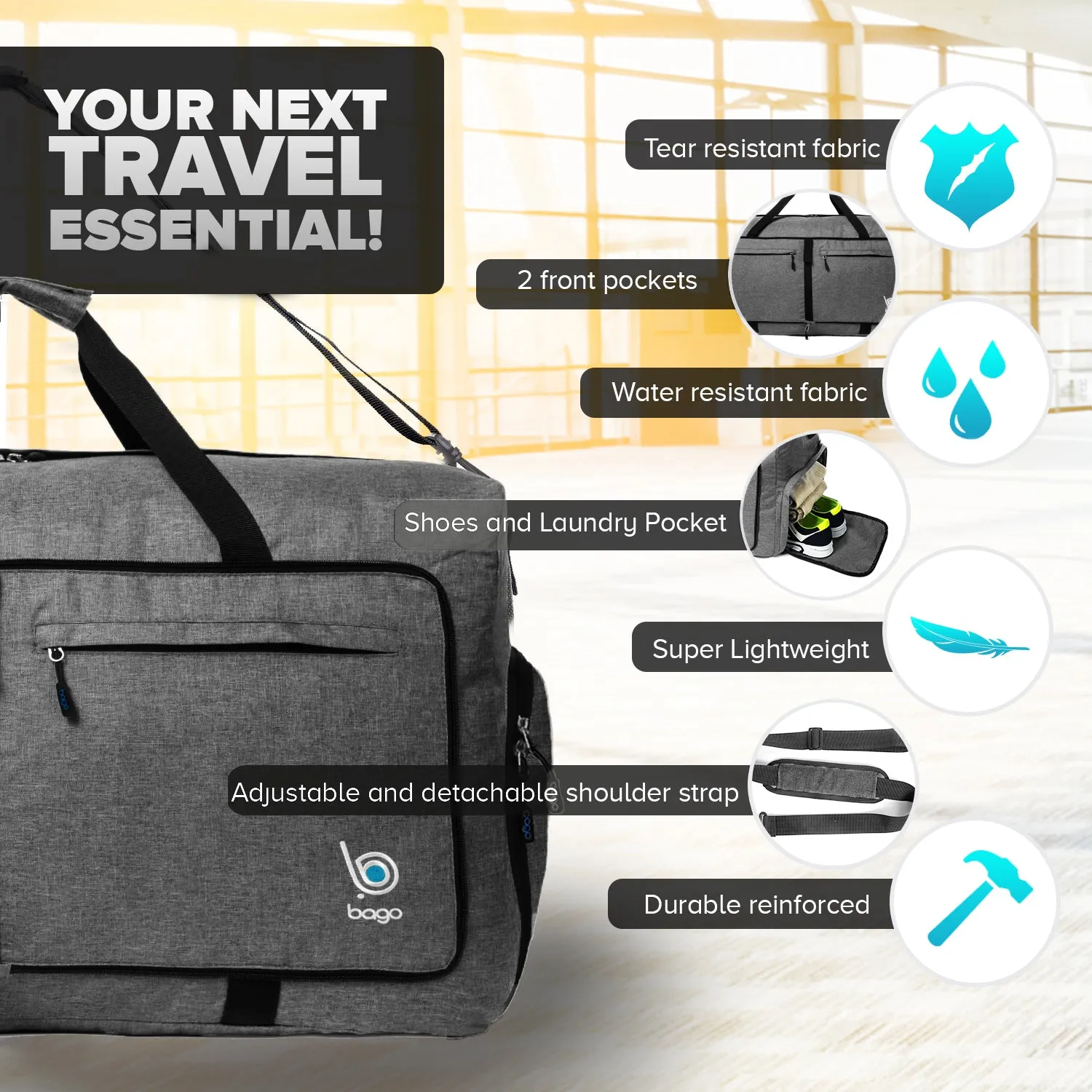 Bago Foldable Duffel Bags for Traveling Women & Men - 60L Medium Packable Duffle Bag for Travel with Shoe Compartment - Water Repellant, Heavy Duty, Lightweight Folding & Collapsible