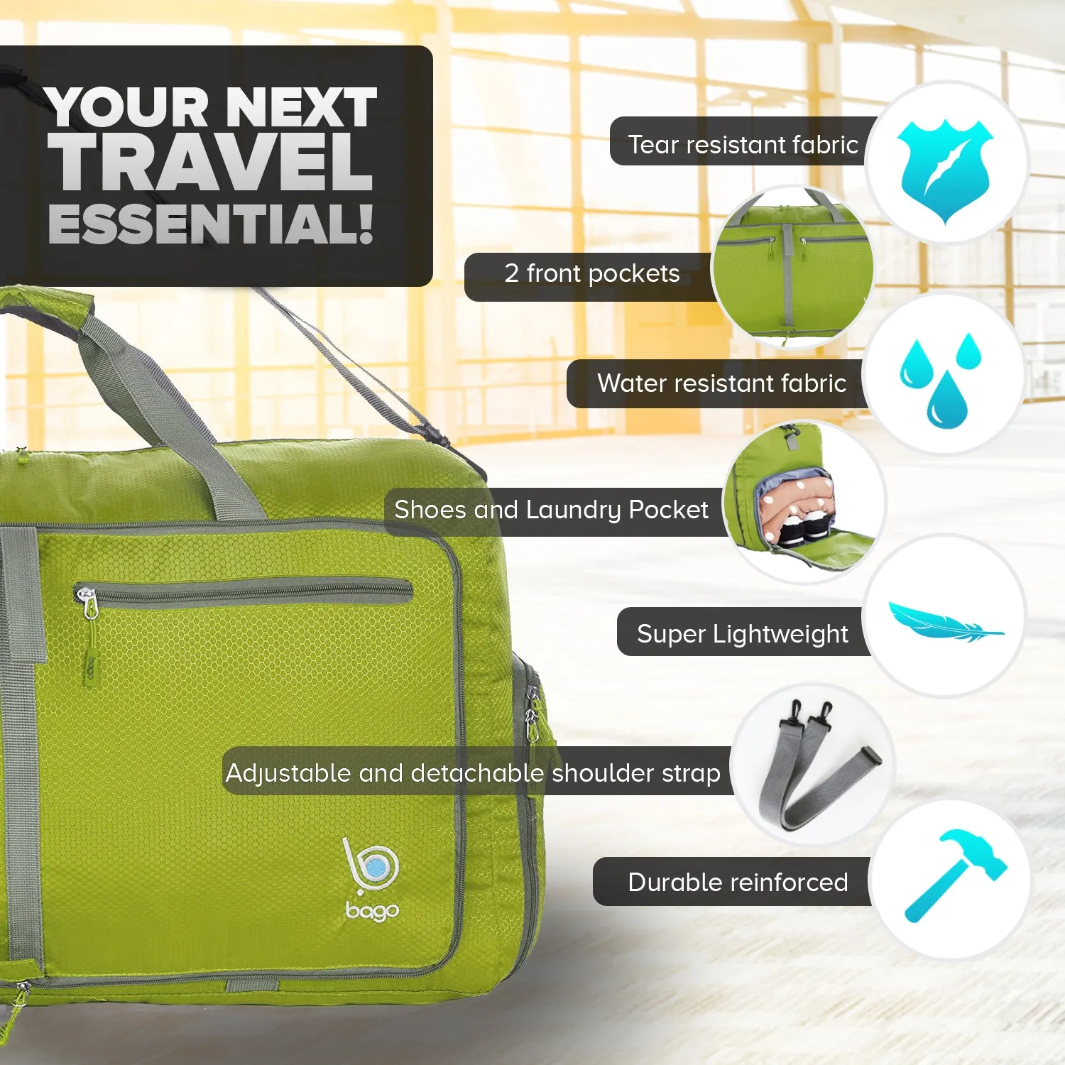 Bago Foldable Duffel Bags for Traveling Women & Men - 60L Medium Packable Duffle Bag for Travel with Shoe Compartment - Water Repellant, Heavy Duty, Lightweight Folding & Collapsible