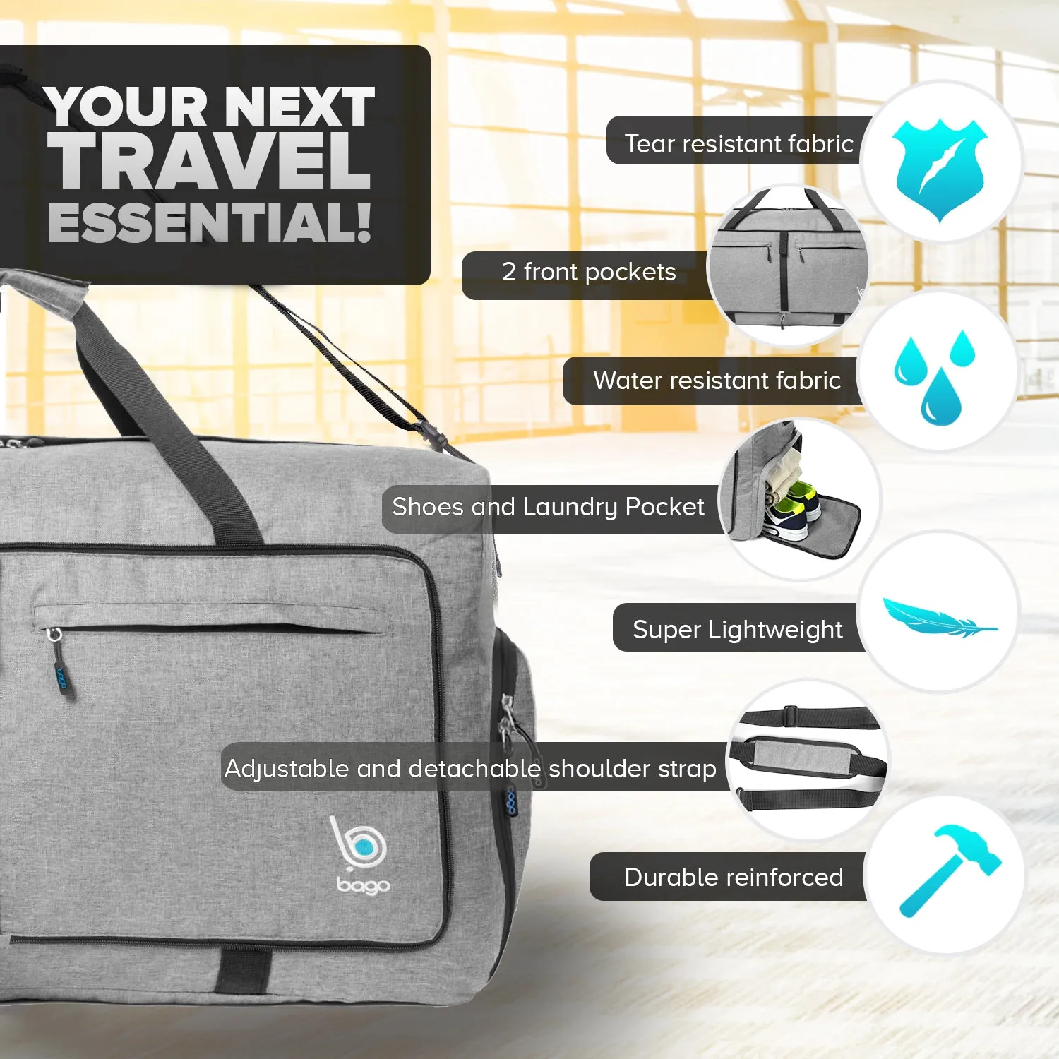 Bago Foldable Duffel Bags for Traveling Women & Men - 60L Medium Packable Duffle Bag for Travel with Shoe Compartment - Water Repellant, Heavy Duty, Lightweight Folding & Collapsible