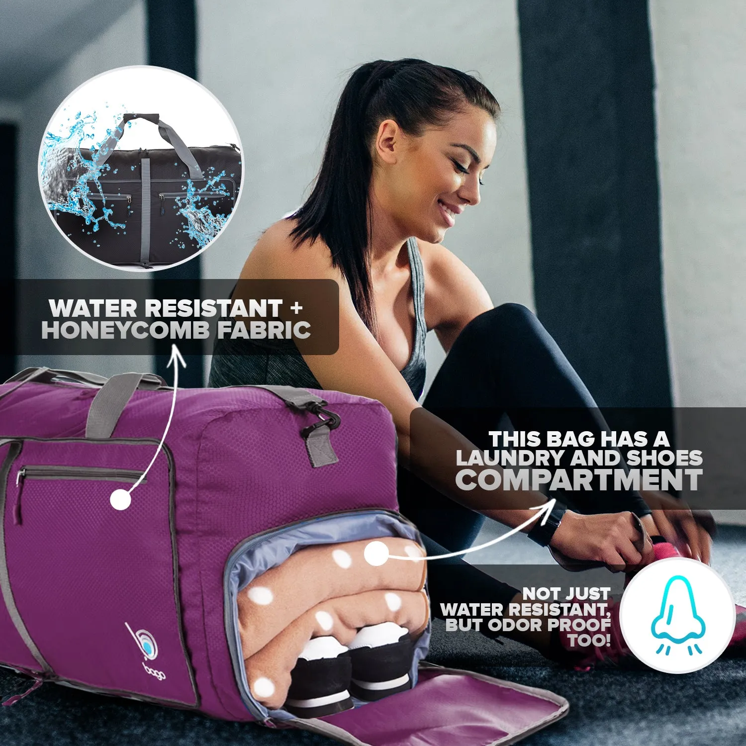 Bago Foldable Duffel Bags for Traveling Women & Men - 60L Medium Packable Duffle Bag for Travel with Shoe Compartment - Water Repellant, Heavy Duty, Lightweight Folding & Collapsible