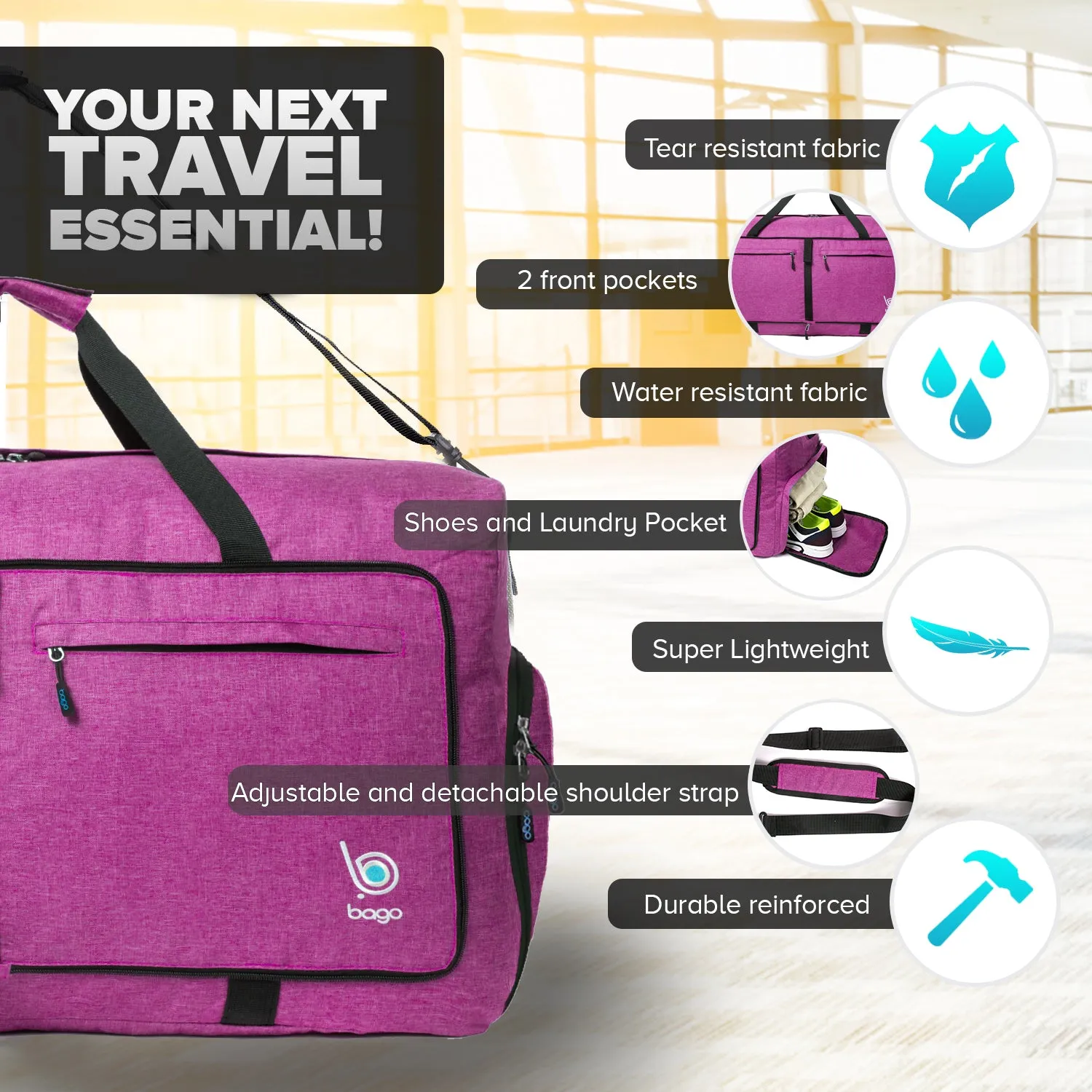 Bago Foldable Duffel Bags for Traveling Women & Men - 60L Medium Packable Duffle Bag for Travel with Shoe Compartment - Water Repellant, Heavy Duty, Lightweight Folding & Collapsible