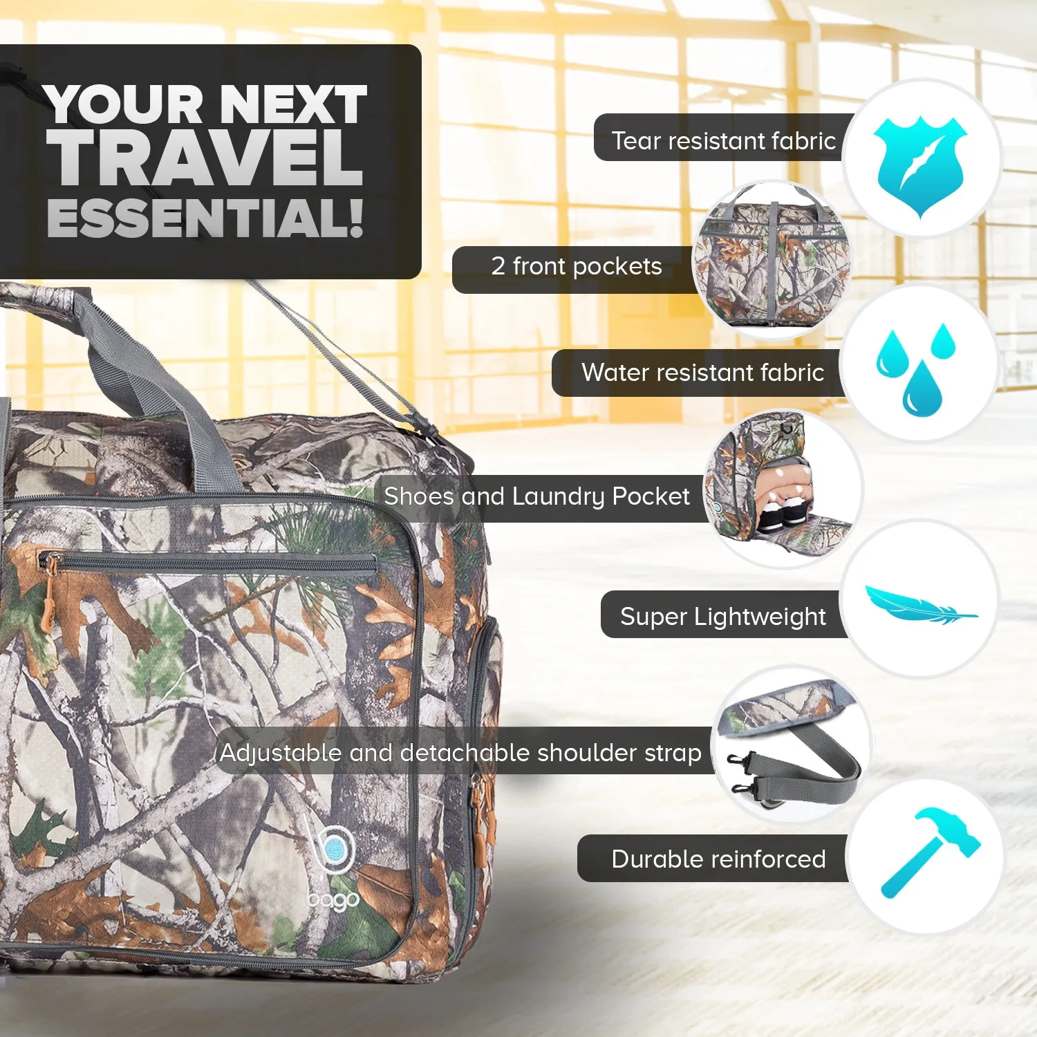 Bago Foldable Duffel Bags for Traveling Women & Men - 60L Medium Packable Duffle Bag for Travel with Shoe Compartment - Water Repellant, Heavy Duty, Lightweight Folding & Collapsible