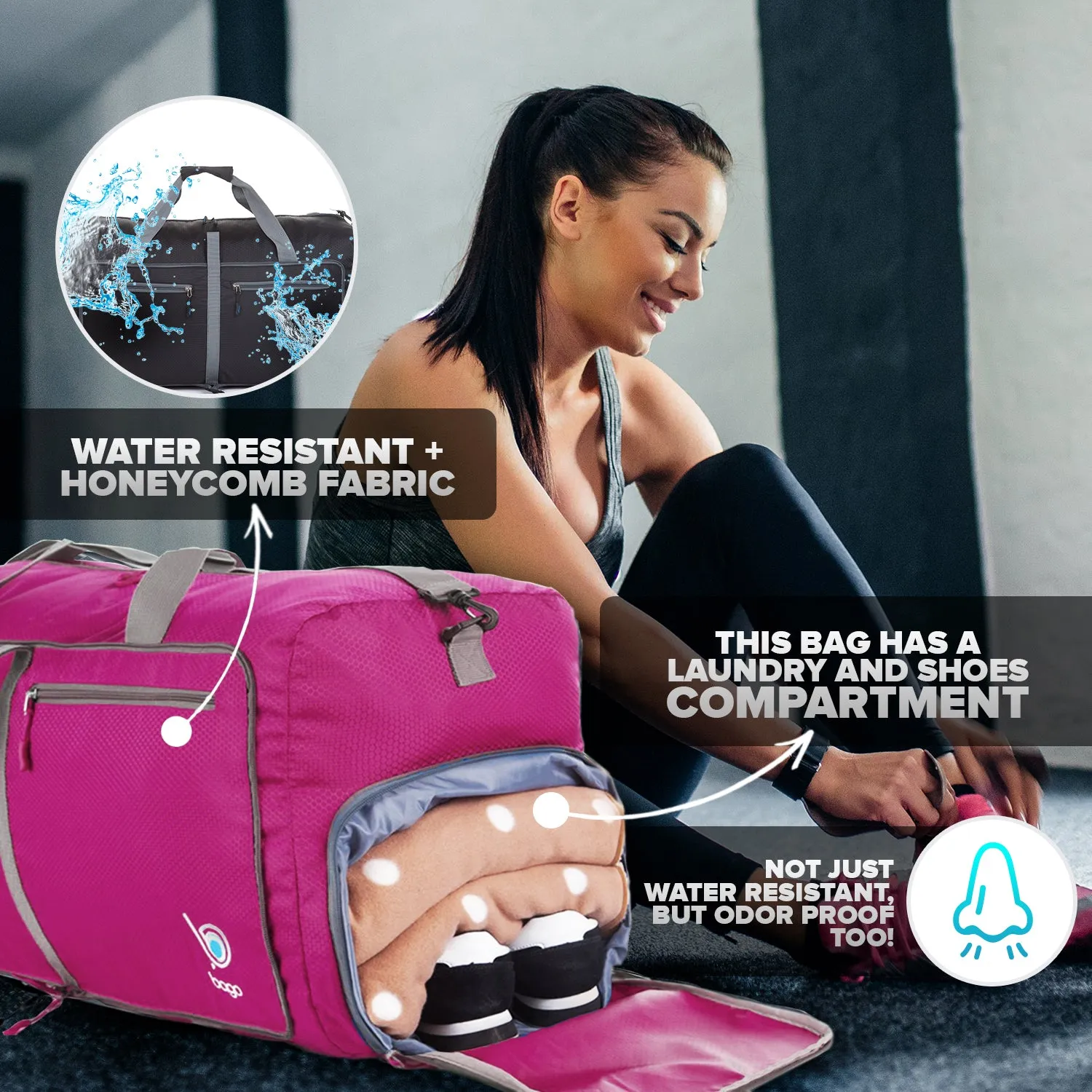 Bago Foldable Duffel Bags for Traveling Women & Men - 60L Medium Packable Duffle Bag for Travel with Shoe Compartment - Water Repellant, Heavy Duty, Lightweight Folding & Collapsible