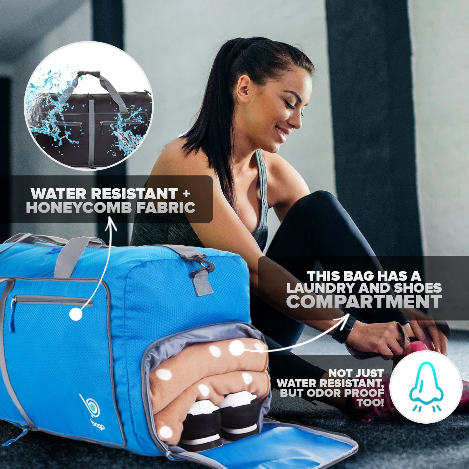 Bago Foldable Duffel Bags for Traveling Women & Men - 60L Medium Packable Duffle Bag for Travel with Shoe Compartment - Water Repellant, Heavy Duty, Lightweight Folding & Collapsible