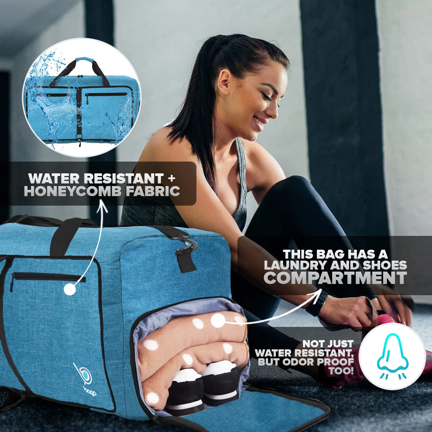 Bago Foldable Duffel Bags for Traveling Women & Men - 60L Medium Packable Duffle Bag for Travel with Shoe Compartment - Water Repellant, Heavy Duty, Lightweight Folding & Collapsible