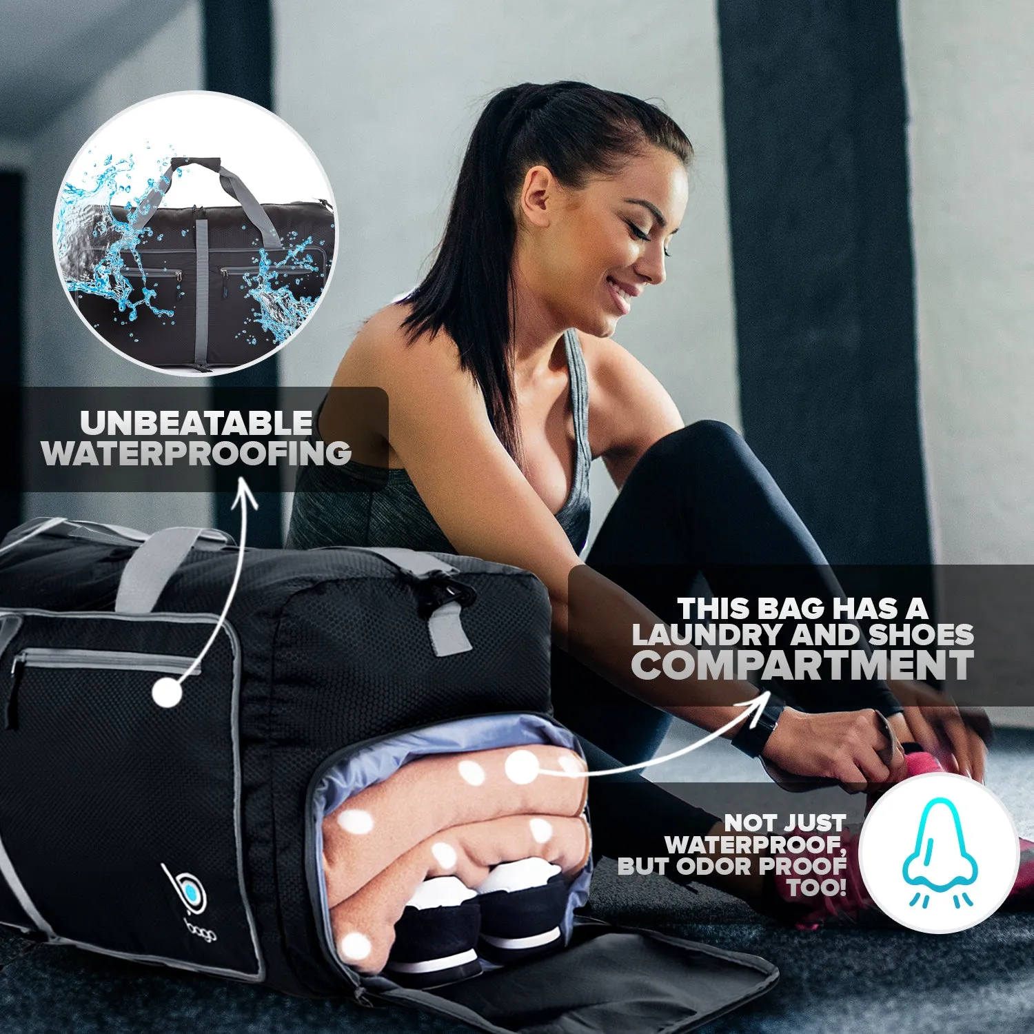 Bago Foldable Duffel Bags for Traveling Women & Men - 60L Medium Packable Duffle Bag for Travel with Shoe Compartment - Water Repellant, Heavy Duty, Lightweight Folding & Collapsible
