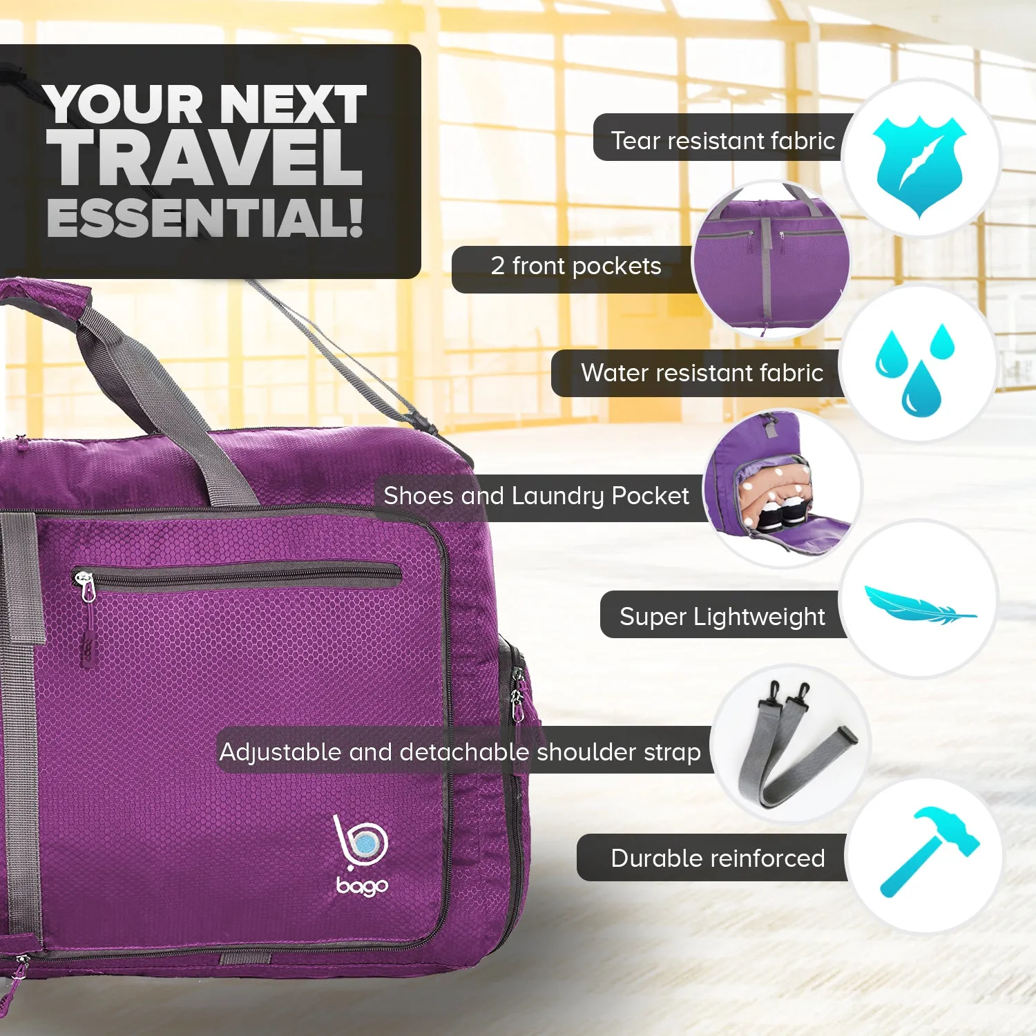 Bago Foldable Duffel Bags for Traveling Women & Men - 60L Medium Packable Duffle Bag for Travel with Shoe Compartment - Water Repellant, Heavy Duty, Lightweight Folding & Collapsible