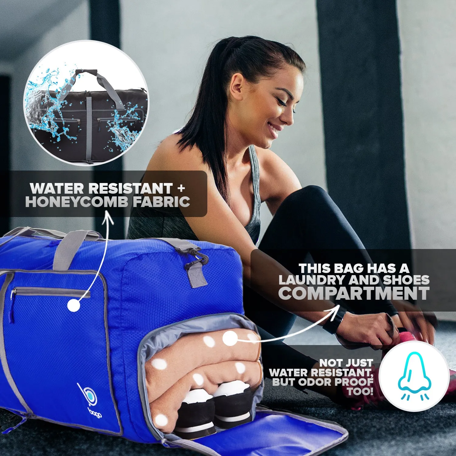 Bago Foldable Duffel Bags for Traveling Women & Men - 60L Medium Packable Duffle Bag for Travel with Shoe Compartment - Water Repellant, Heavy Duty, Lightweight Folding & Collapsible