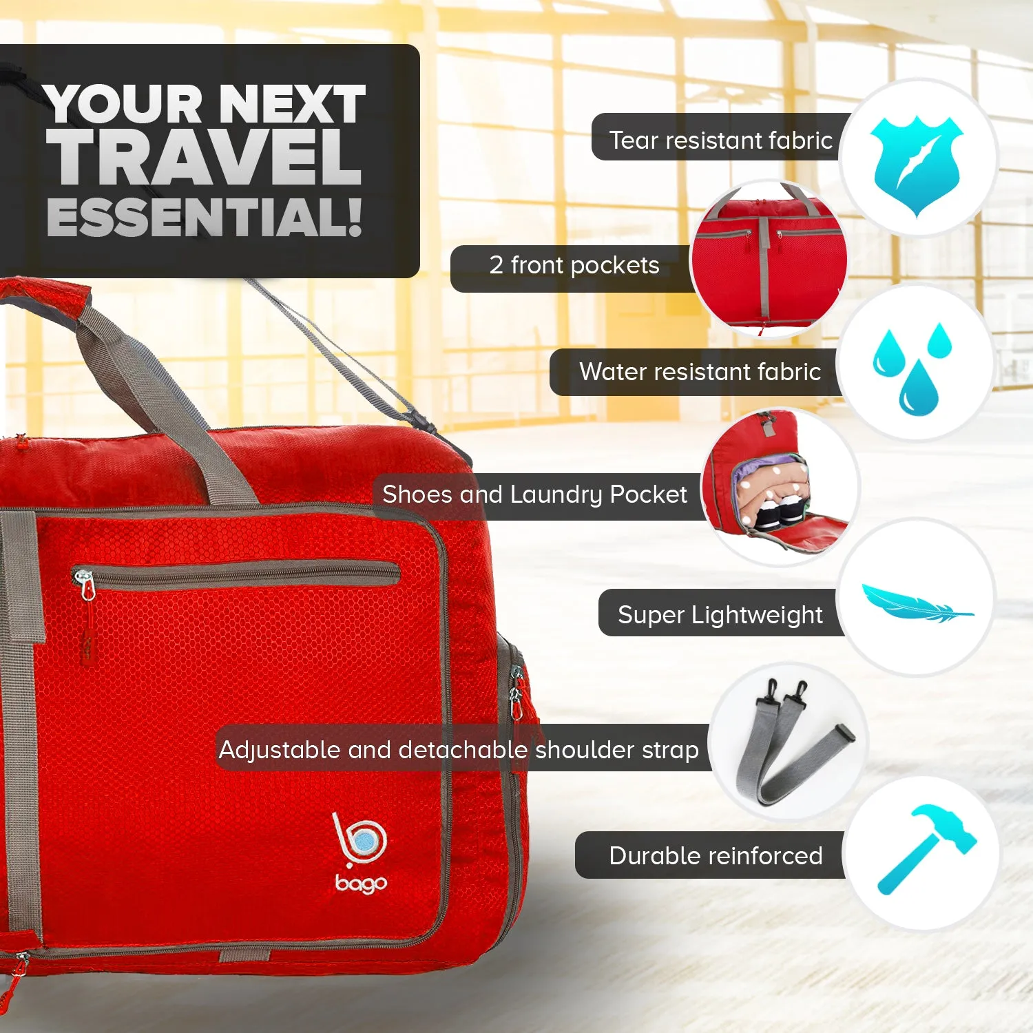 Bago Foldable Duffel Bags for Traveling Women & Men - 60L Medium Packable Duffle Bag for Travel with Shoe Compartment - Water Repellant, Heavy Duty, Lightweight Folding & Collapsible
