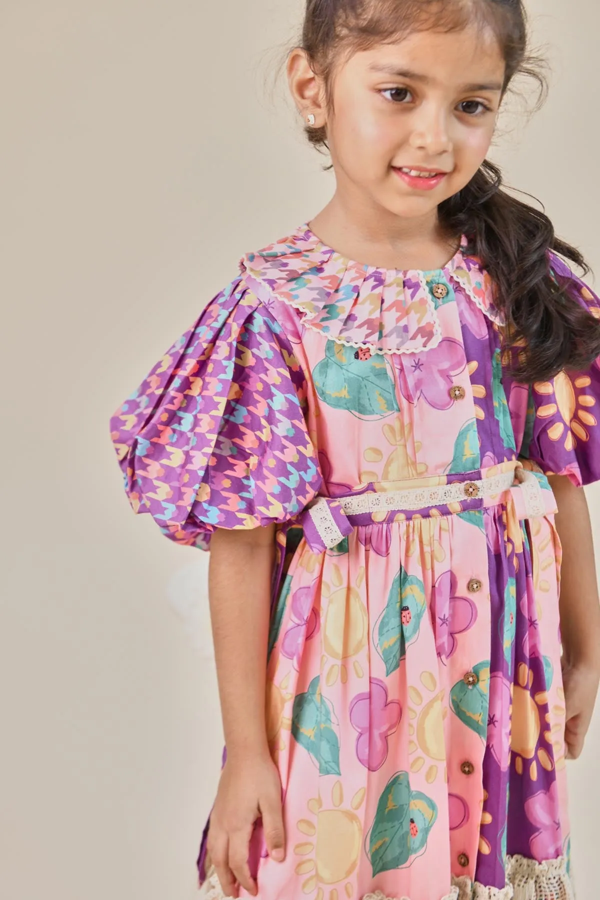 Crochet Lace Frill Printed Dress