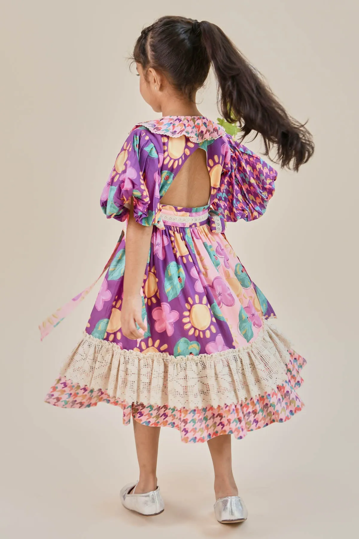 Crochet Lace Frill Printed Dress