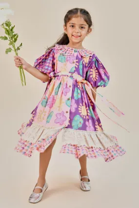 Crochet Lace Frill Printed Dress