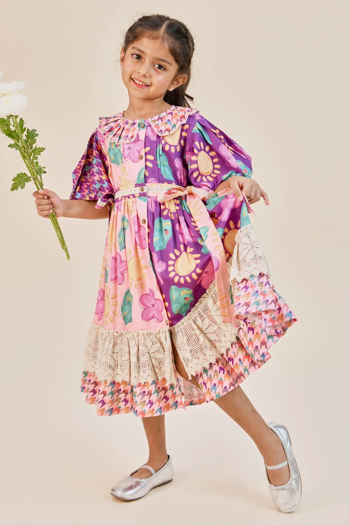 Crochet Lace Frill Printed Dress