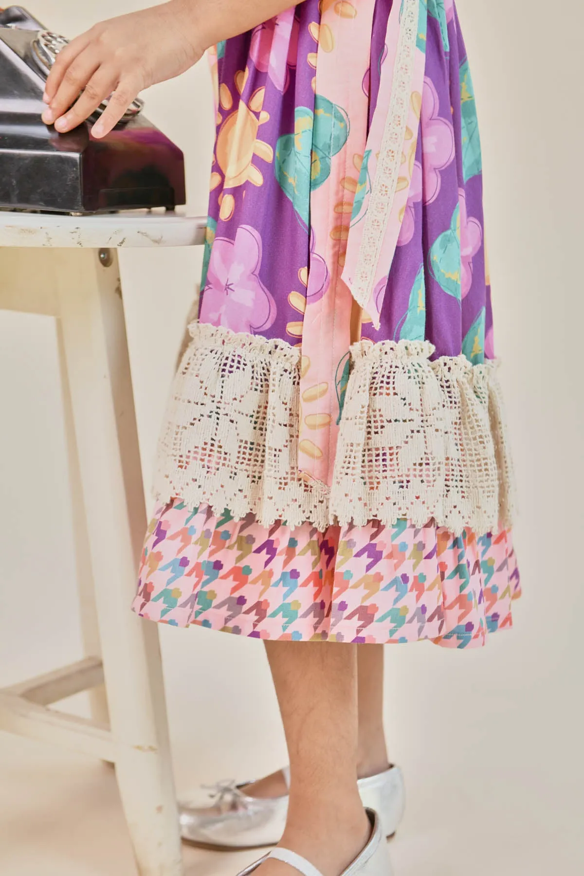 Crochet Lace Frill Printed Dress