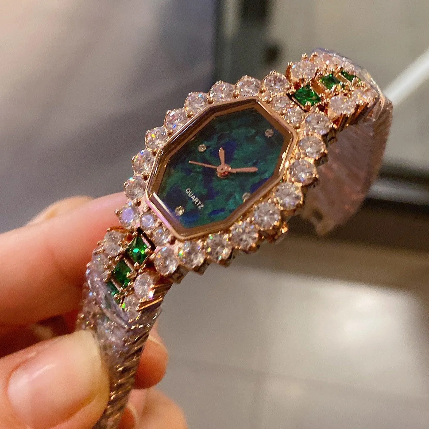 Elegant Diamond-Encrusted Green Watch