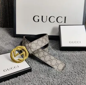 Grey Color Retro GC Print Leather Formal Men's Women's Waist Belt For Man Woman Or Girl Formal Gold GC Spring Design Buckle Fashion Casual Belts GC-BLT-809