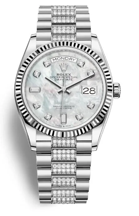 Rolex Day-Date 36 Mother of Pearl Dial 18kt White Gold Diamond Set President Watch 128239MDDP