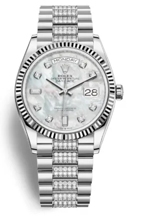 Rolex Day-Date 36 Mother of Pearl Dial 18kt White Gold Diamond Set President Watch 128239MDDP