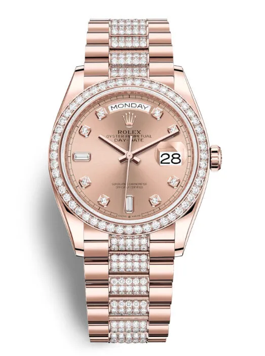 Rolex Day-Date 36 Rose Dial 18kt Everose Gold Diamond Set President Watch 128345PDDP
