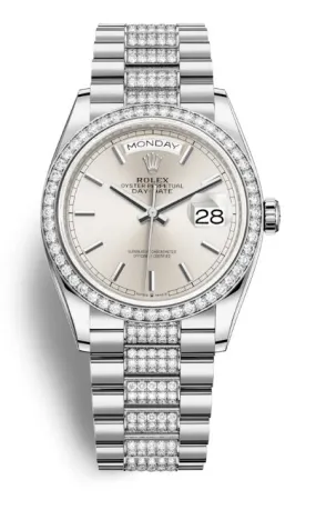 Rolex Day-Date 36 Silver Dial 18kt White Gold Diamond Set President Watch 128349SSDP