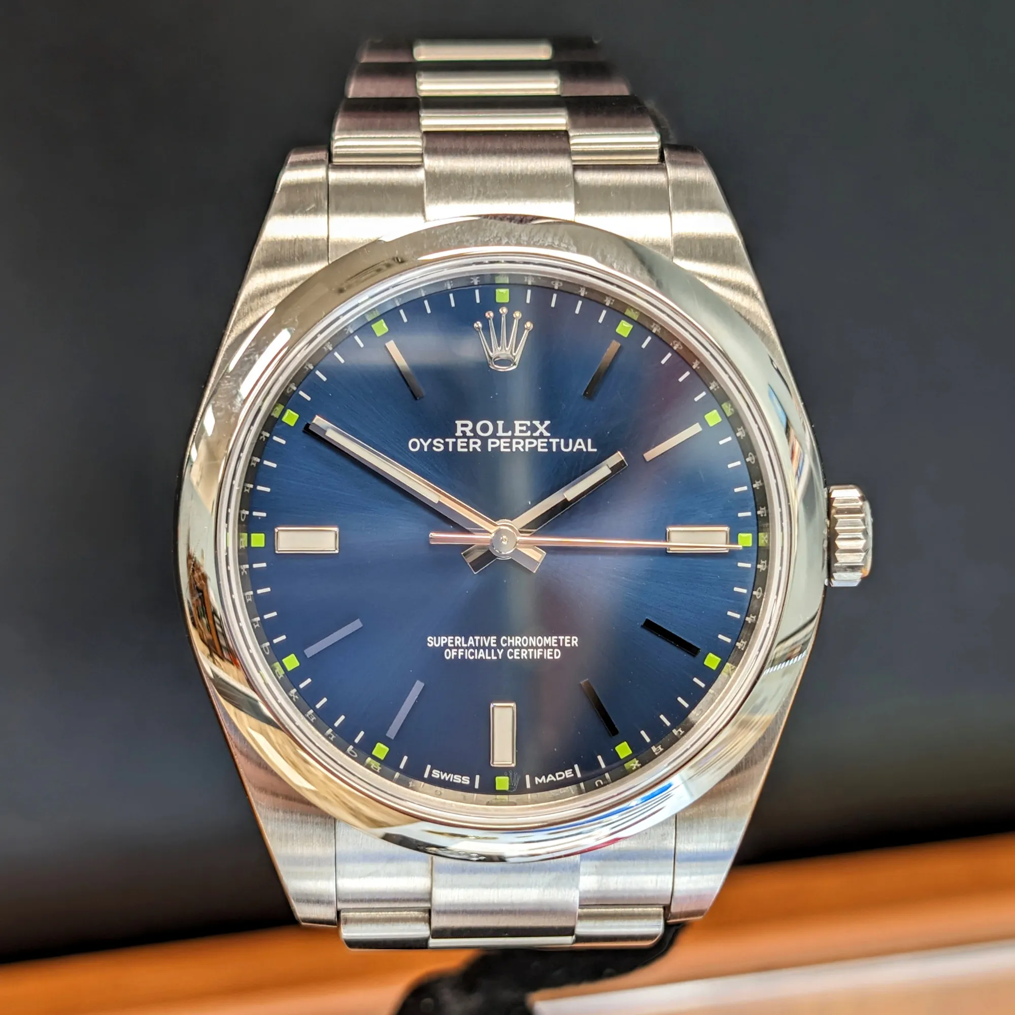 ROLEX Oyster Perpetual 39mm Ref. 114300 Blue Dial Superlative Chronometer Officially Certified Watch