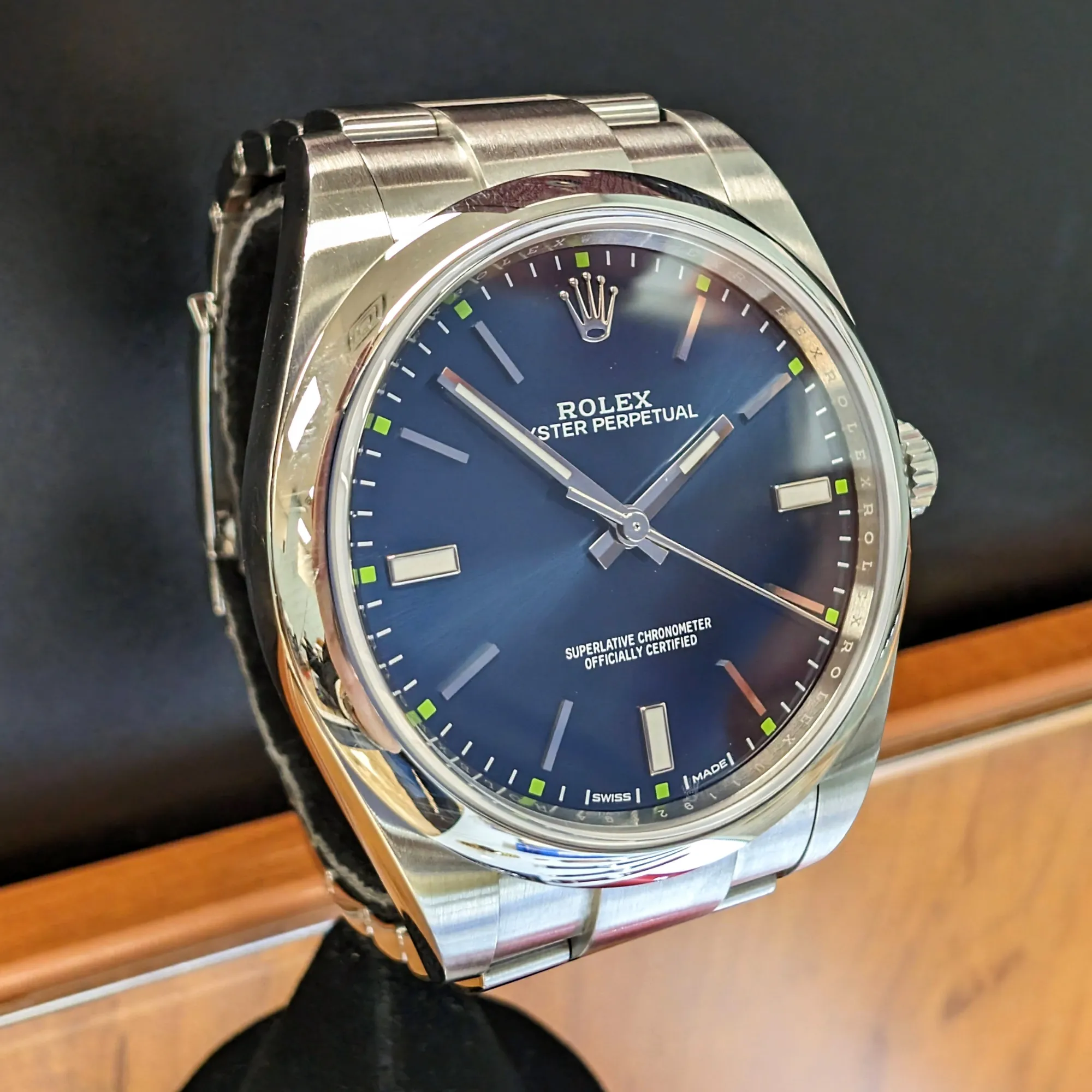 ROLEX Oyster Perpetual 39mm Ref. 114300 Blue Dial Superlative Chronometer Officially Certified Watch