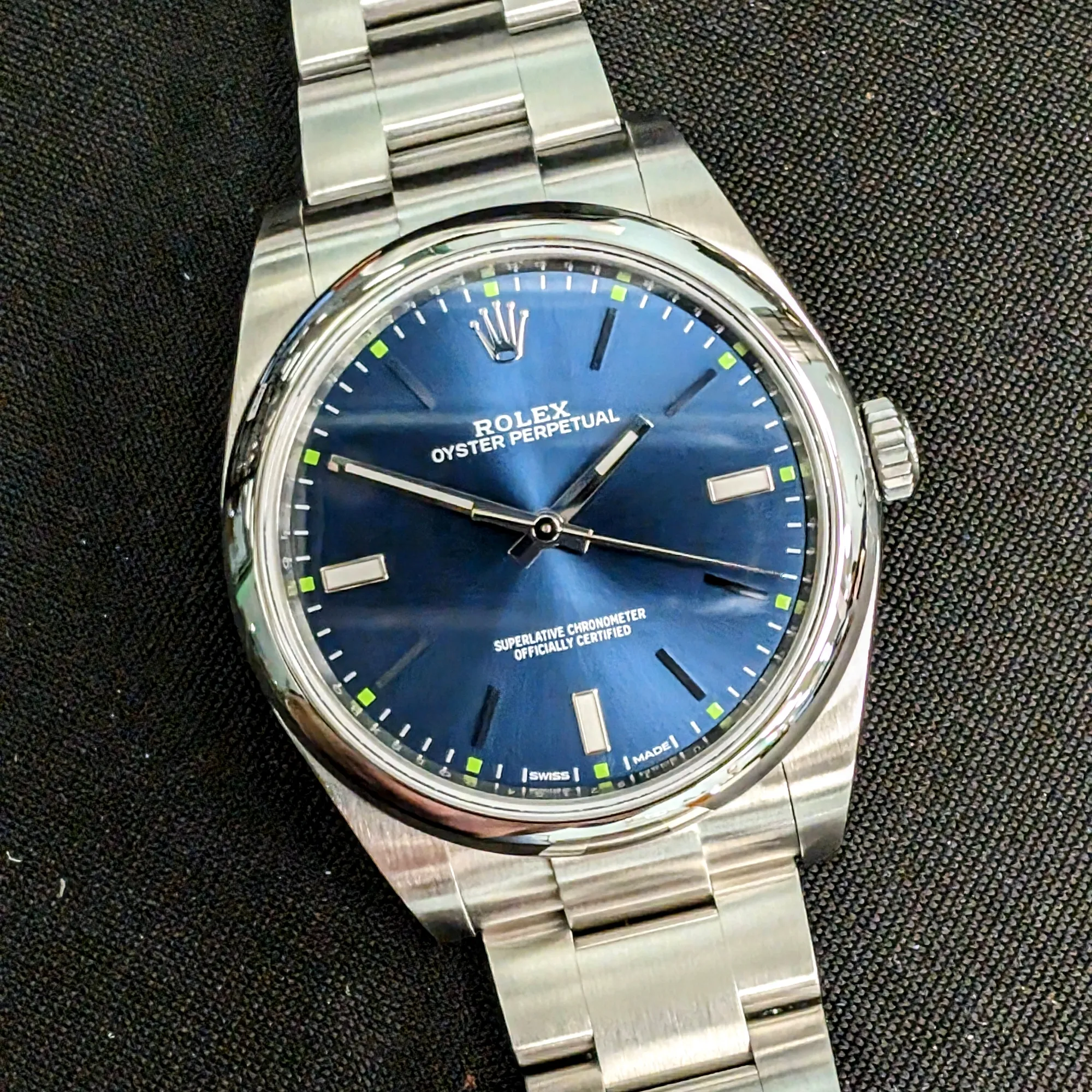 ROLEX Oyster Perpetual 39mm Ref. 114300 Blue Dial Superlative Chronometer Officially Certified Watch