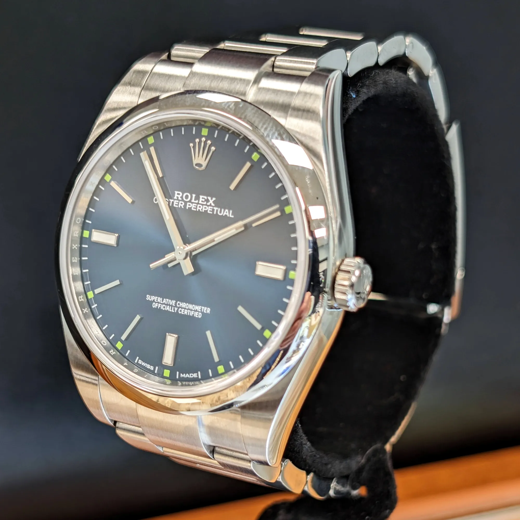 ROLEX Oyster Perpetual 39mm Ref. 114300 Blue Dial Superlative Chronometer Officially Certified Watch