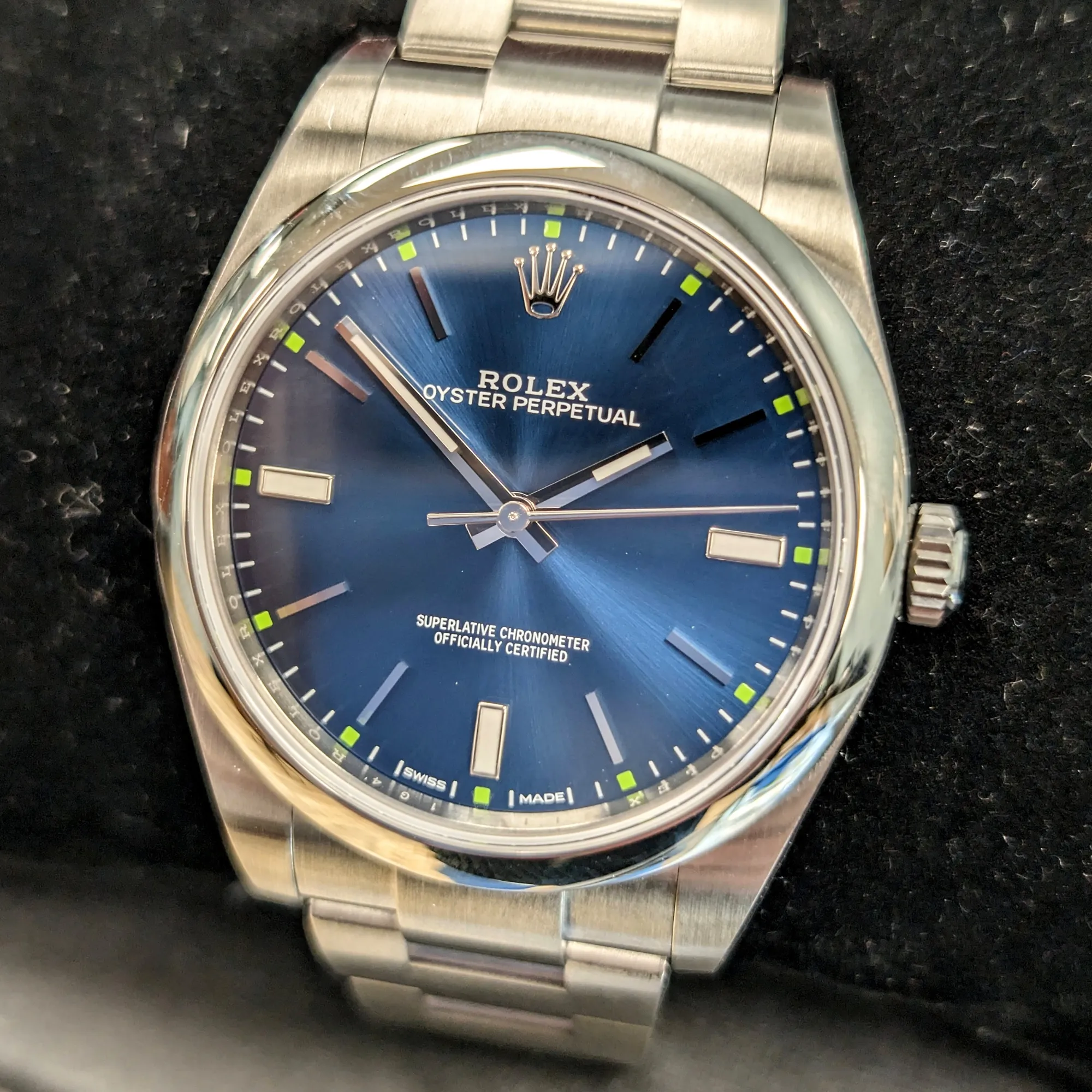 ROLEX Oyster Perpetual 39mm Ref. 114300 Blue Dial Superlative Chronometer Officially Certified Watch