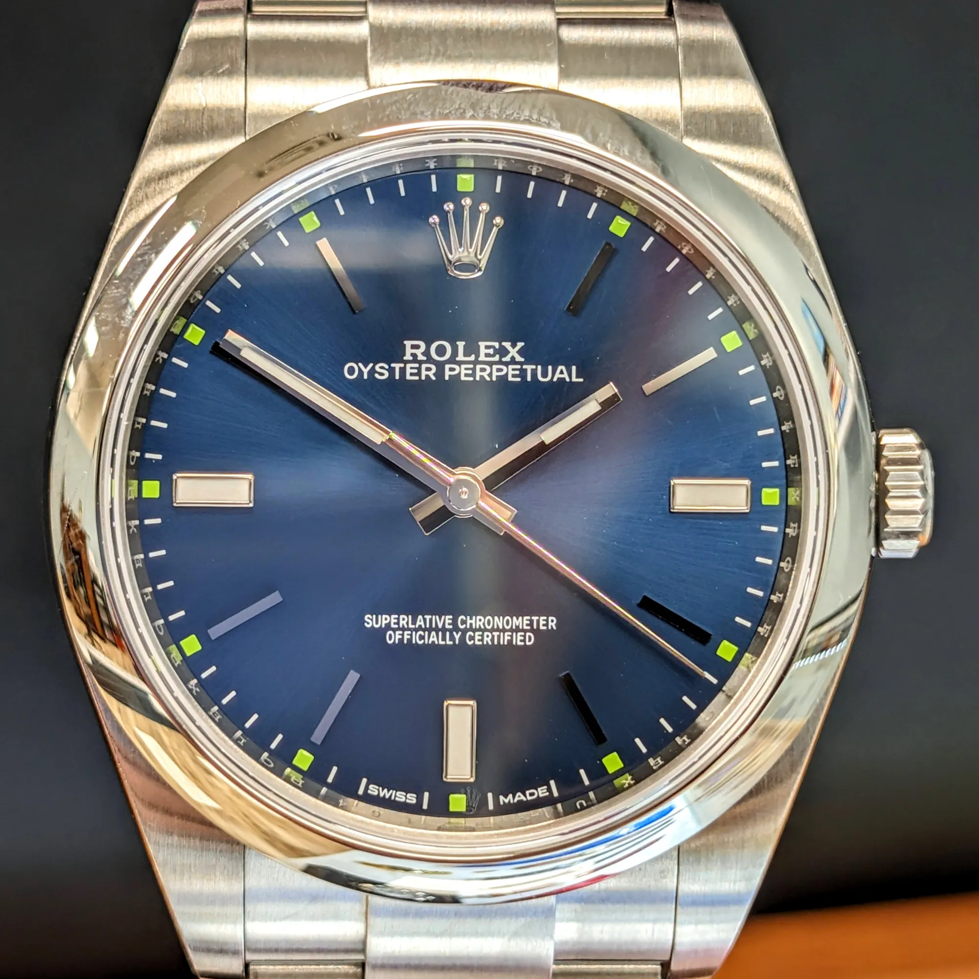 ROLEX Oyster Perpetual 39mm Ref. 114300 Blue Dial Superlative Chronometer Officially Certified Watch