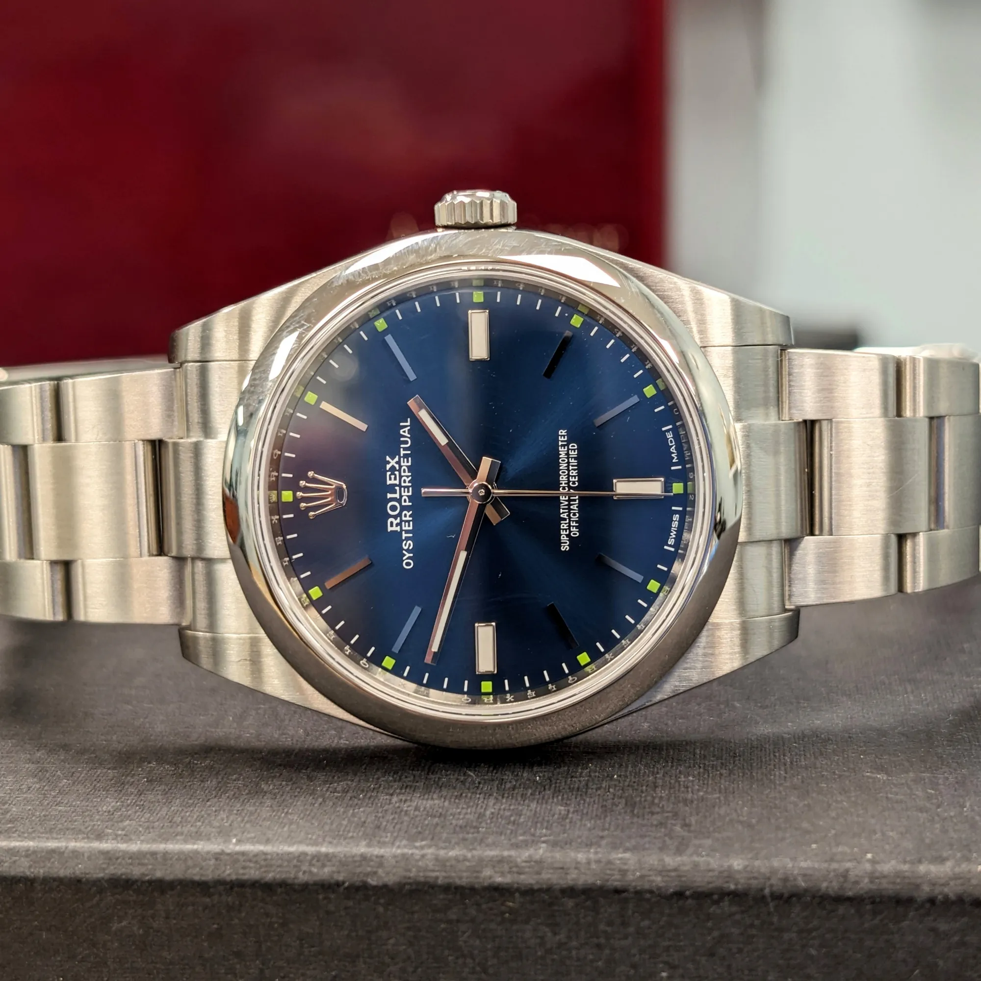 ROLEX Oyster Perpetual 39mm Ref. 114300 Blue Dial Superlative Chronometer Officially Certified Watch