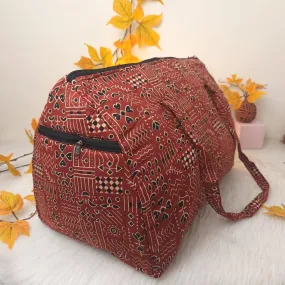 Weekender Travel Bag Red With Black Geometric Design.