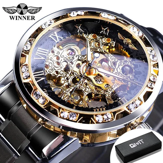 Winner Transparent Fashion Diamond Luminous Gear Movement Watch | Luxury brand Mechanical Skeleton Wristwatch