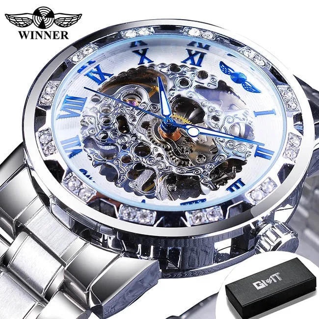 Winner Transparent Fashion Diamond Luminous Gear Movement Watch | Luxury brand Mechanical Skeleton Wristwatch