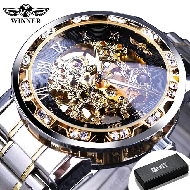Winner Transparent Fashion Diamond Luminous Gear Movement Watch | Luxury brand Mechanical Skeleton Wristwatch
