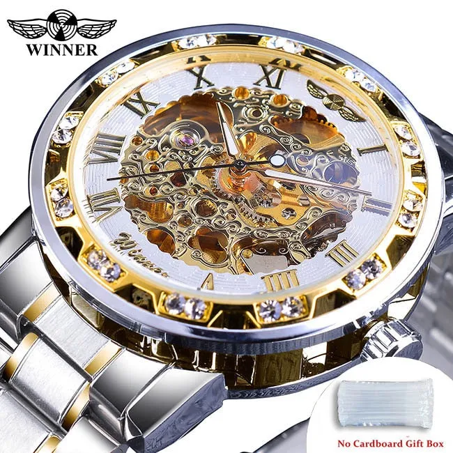 Winner Transparent Fashion Diamond Luminous Gear Movement Watch | Luxury brand Mechanical Skeleton Wristwatch