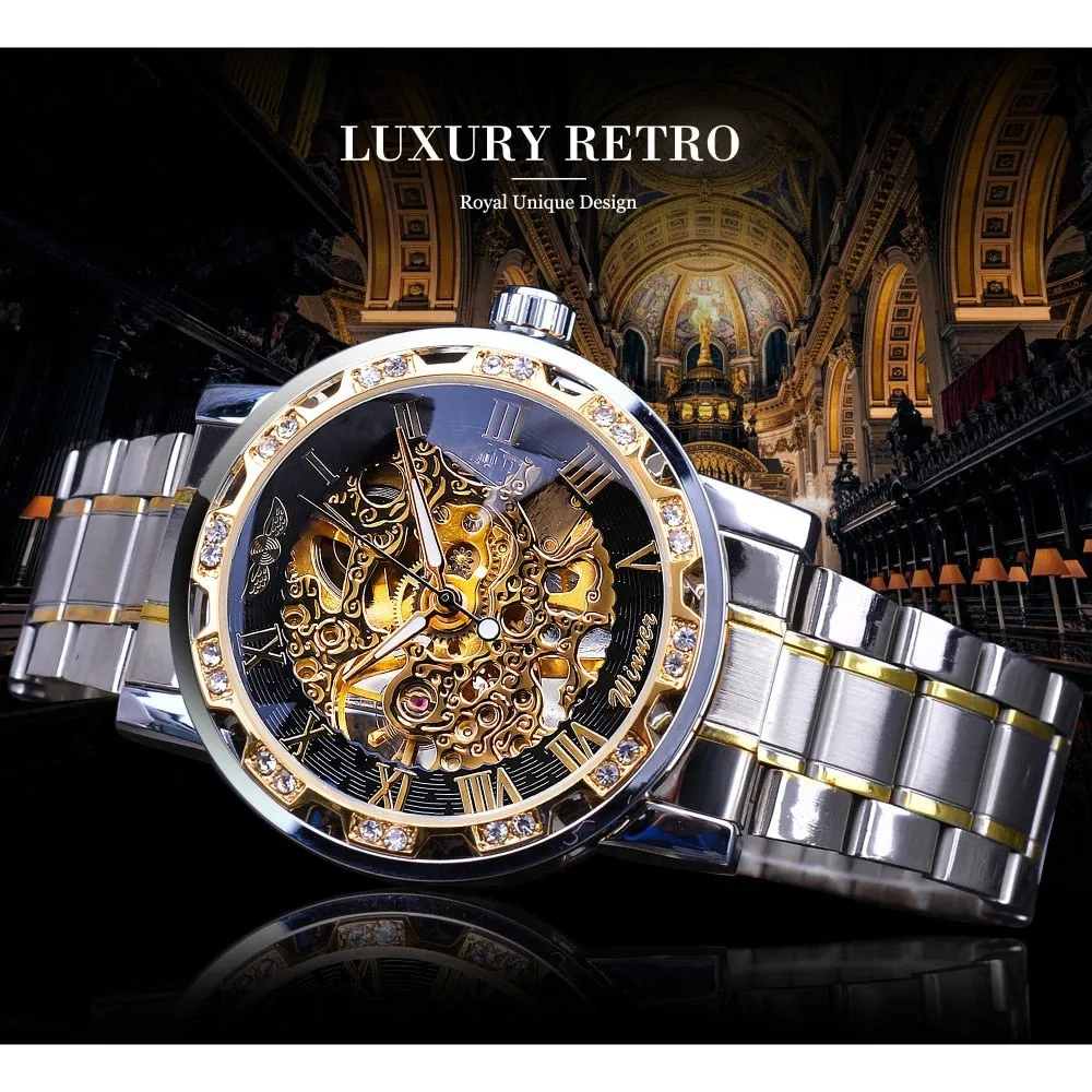 Winner Transparent Fashion Diamond Luminous Gear Movement Watch | Luxury brand Mechanical Skeleton Wristwatch